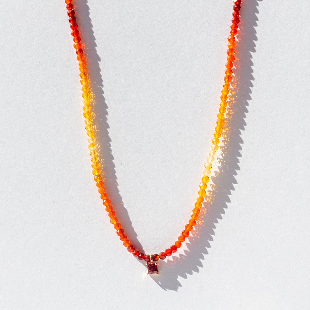 Fire Opal Beaded Necklace with Square Dark Orange Sapphire Dangle