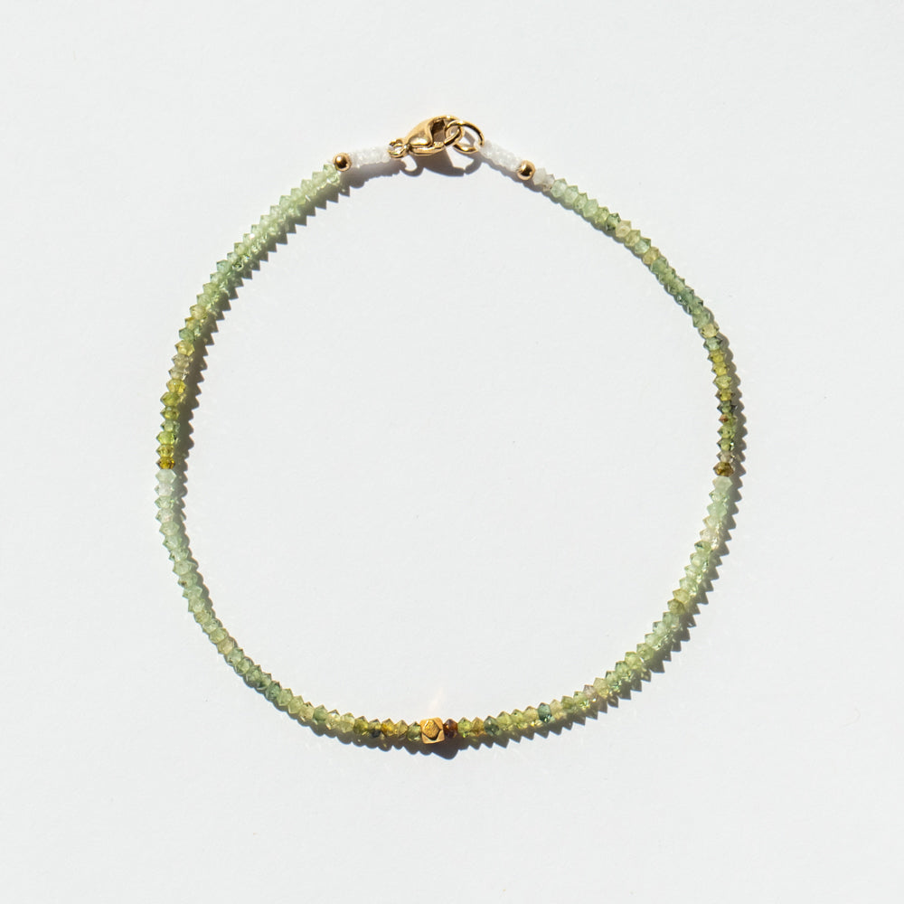 Green Tourmaline Beaded Bracelet with Small Square Gold Bead