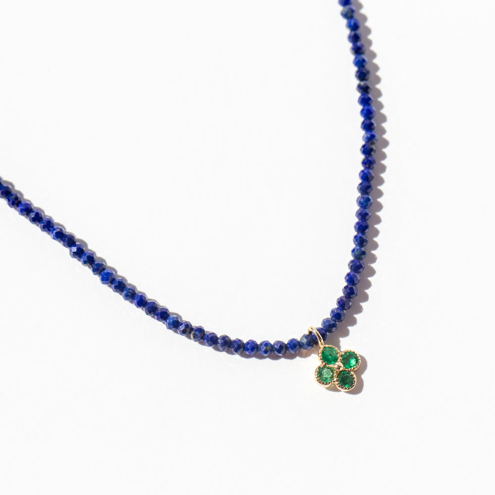 Lapis Beaded Necklace with Emerald Flower Charm