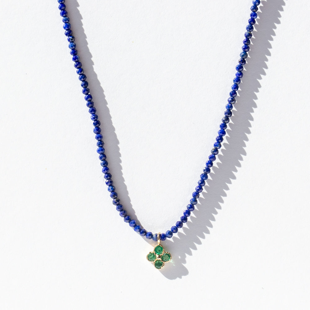 Lapis Beaded Necklace with Emerald Flower Charm
