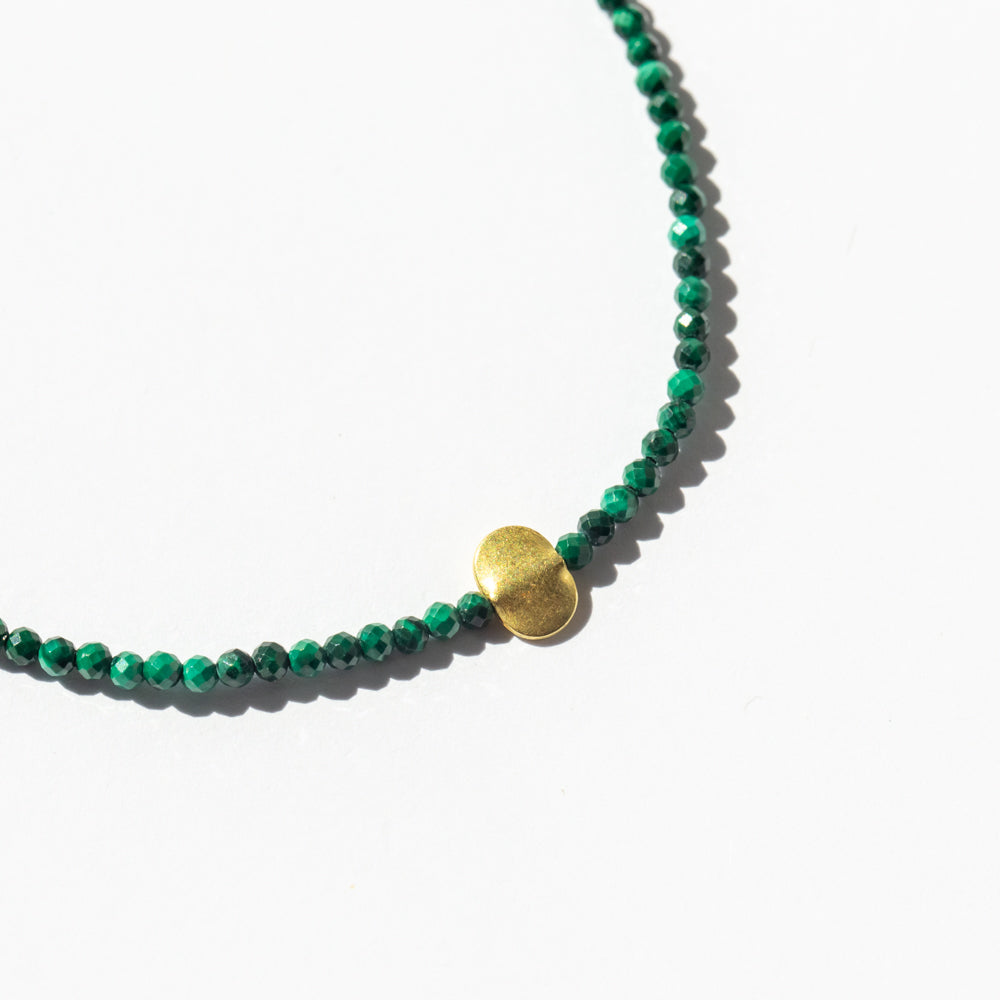 Malachite Beaded Bracelet with Flat Oval Gold Bead