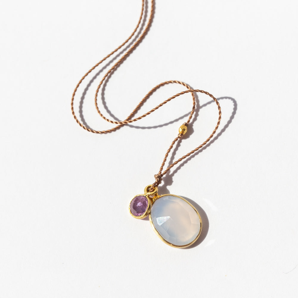 Oval Chalcedony Cord Necklace with Round Pink Sapphire Dangle