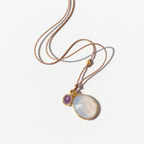 Oval Chalcedony Cord Necklace with Round Pink Sapphire Dangle