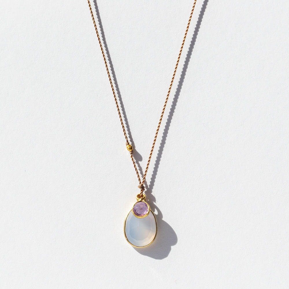 Oval Chalcedony Cord Necklace with Round Pink Sapphire Dangle
