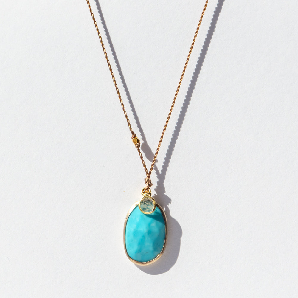 Oval Turquoise Cord Necklace with Round Diamond Slice Dangle