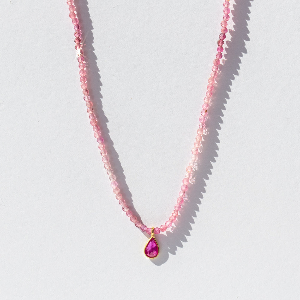 Pink Tourmaline Beaded Necklace with Ruby Teardrop Dangle