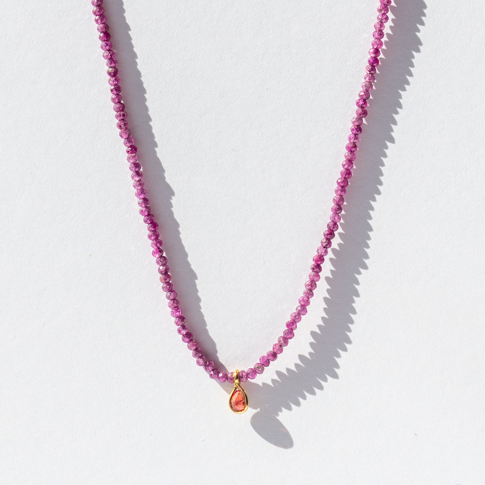 Ruby Beaded Necklace with Tiny Orange Sapphire Teardrop Dangle