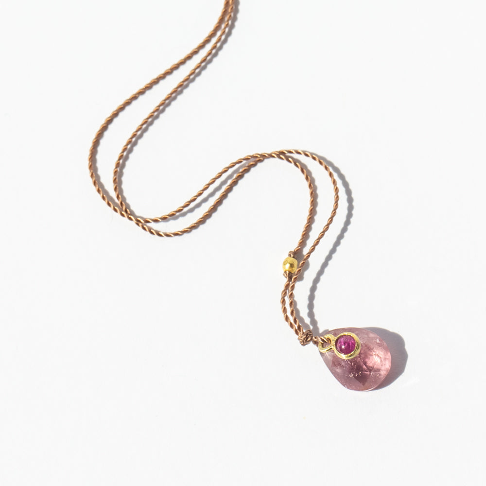 Small Teardrop Pink Tourmaline Cord Necklace with Tiny Round Ruby Cabochon Dangle