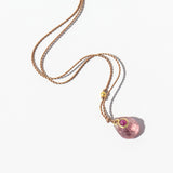 Small Teardrop Pink Tourmaline Cord Necklace with Tiny Round Ruby Cabochon Dangle