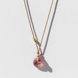 Small Teardrop Pink Tourmaline Cord Necklace with Tiny Round Ruby Cabochon Dangle