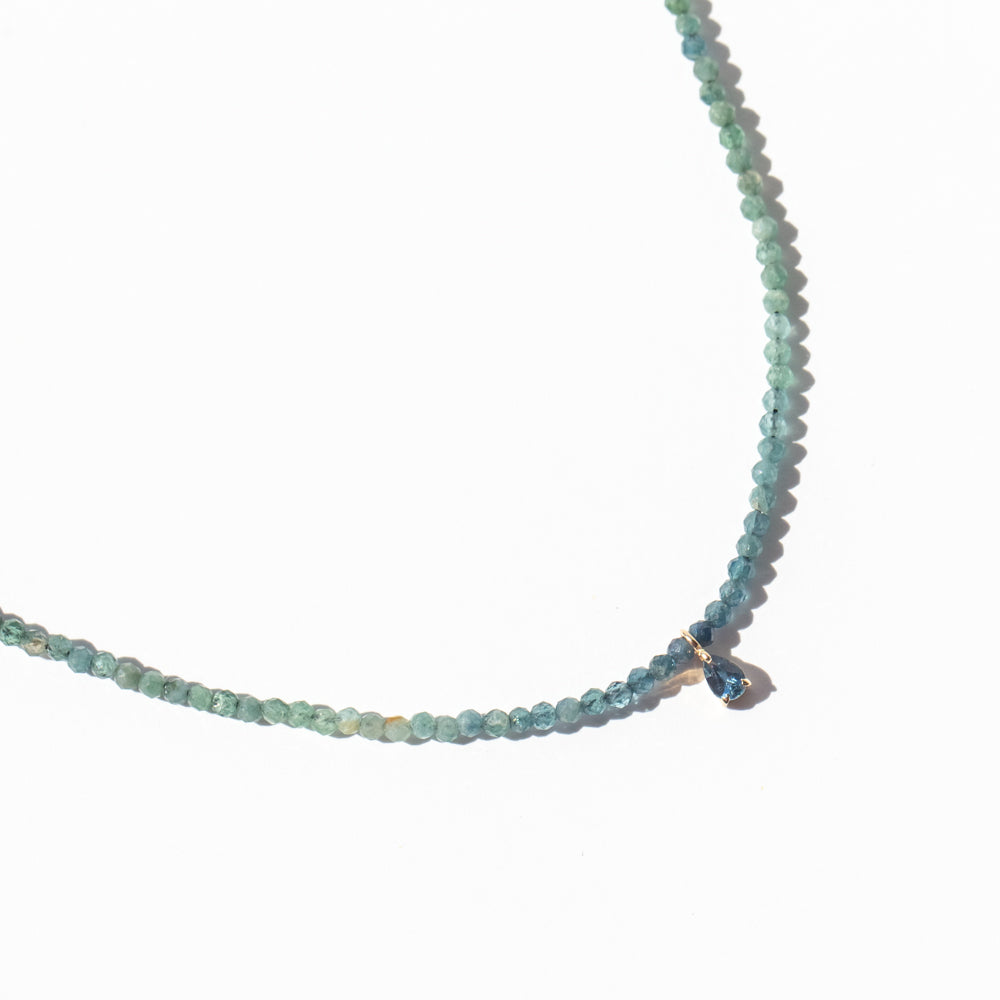 Teal Tourmaline Beaded Necklace with Tiny Teardrop Teal Tourmaline Dangle