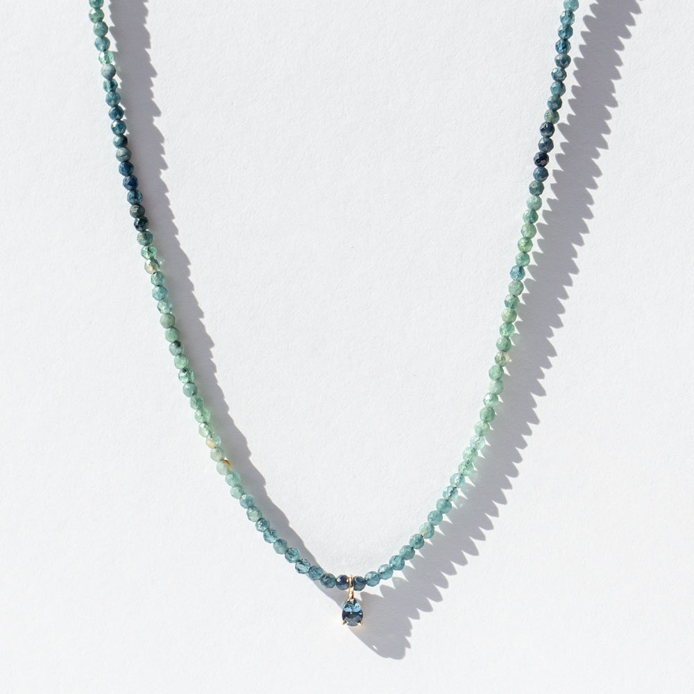 Teal Tourmaline Beaded Necklace with Tiny Teardrop Teal Tourmaline Dangle