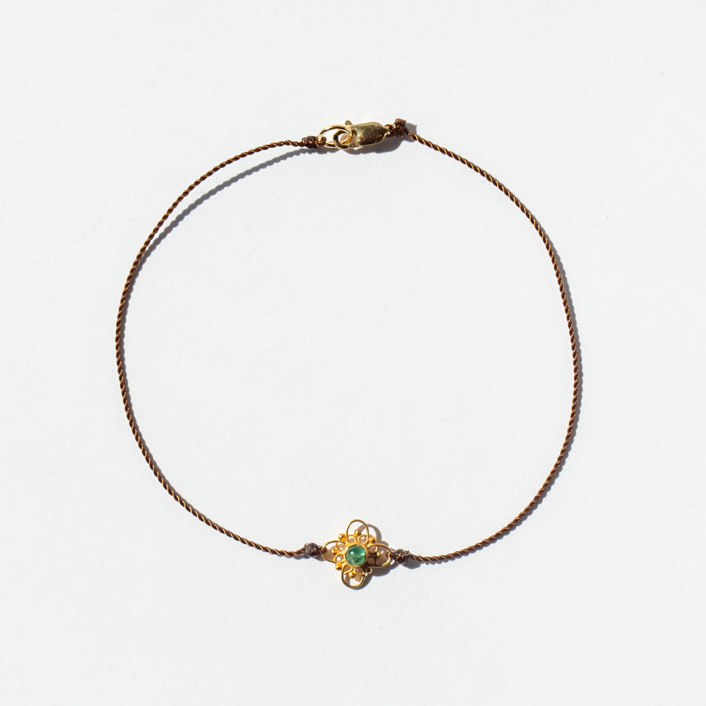 Tiny Emerald and Gold Flower Cord Bracelet