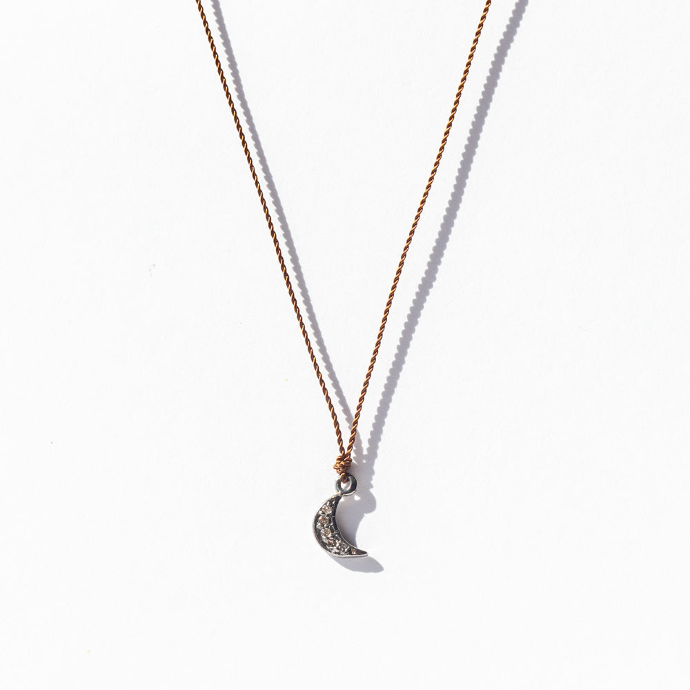 Tiny Pavé Diamond Moon Cord Necklace