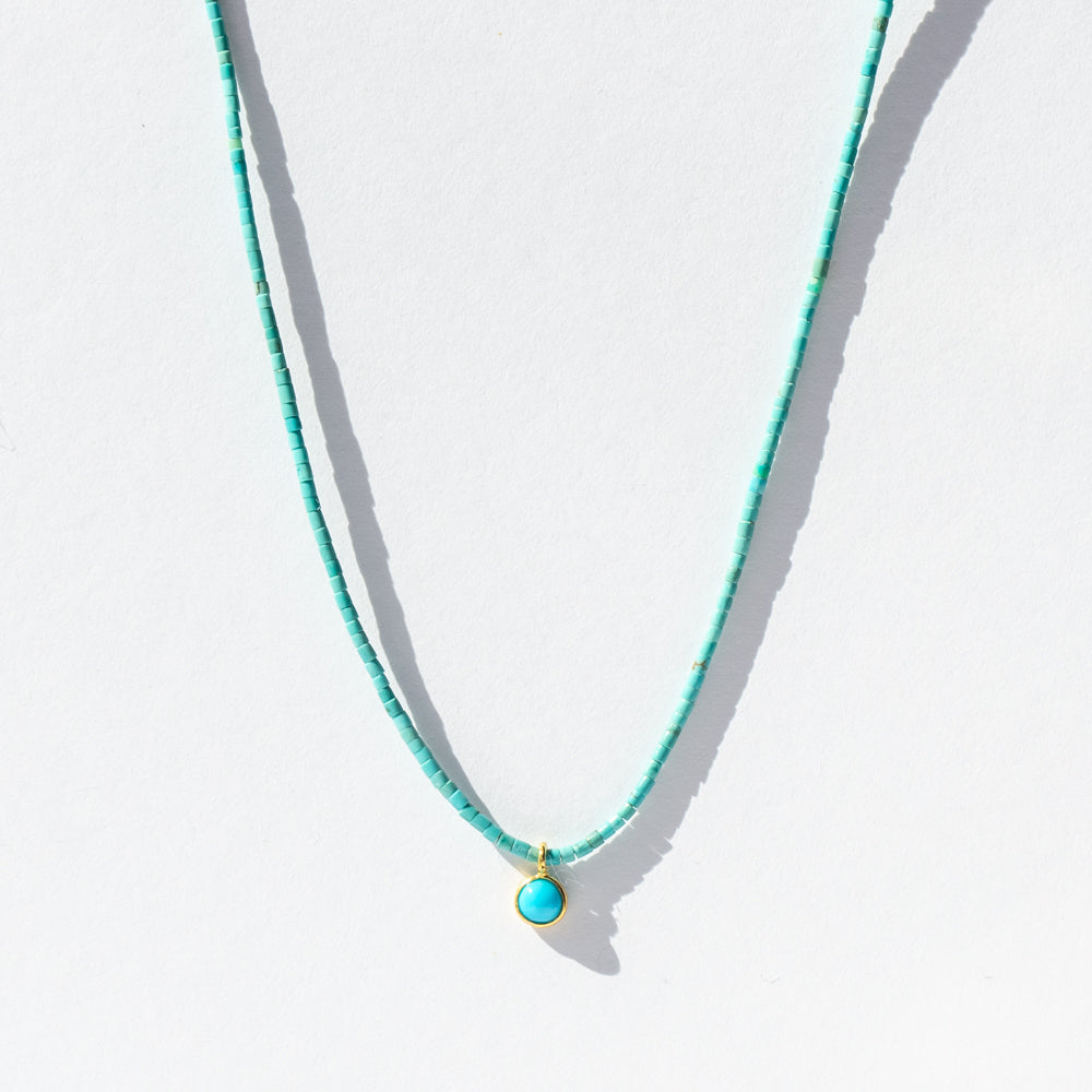 Tiny Turquoise Beaded Necklace with Tiny Round Turquoise Dangle