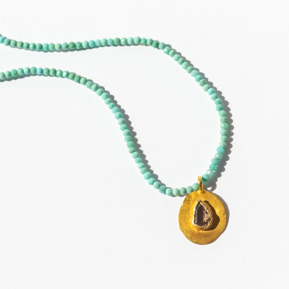 Turquoise Beaded Neckalce with Gold Disc Bezel-Set with Teardrop Diamond