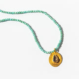 Turquoise Beaded Neckalce with Gold Disc Bezel-Set with Teardrop Diamond