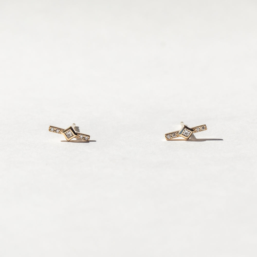 Pave Diamond Bar Stud Earrings with Princess Cut Diamond Center