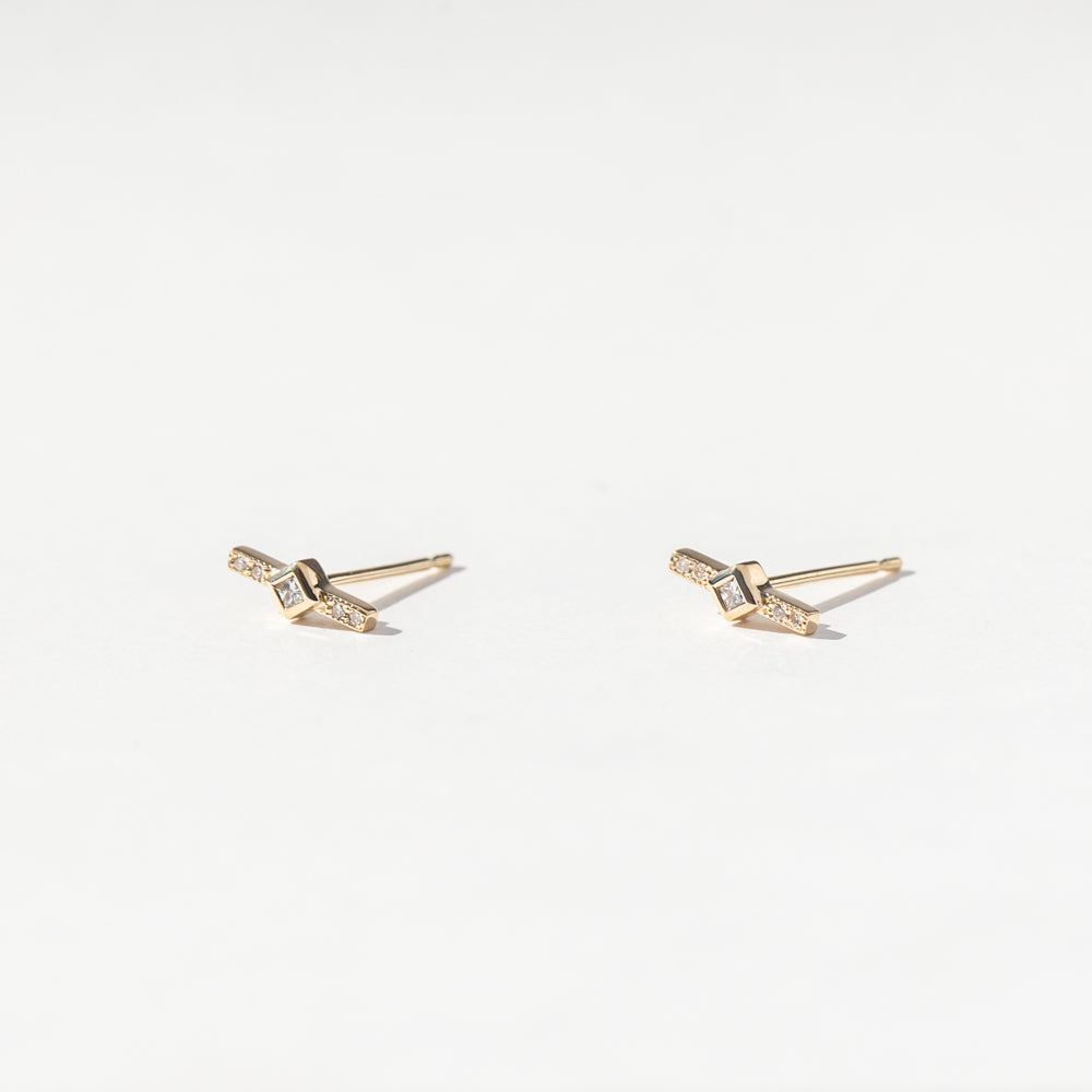 Pave Diamond Bar Stud Earrings with Princess Cut Diamond Center