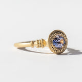 Engraved Bi-Color Oval Sapphire Pedestal Solitaire Ring
