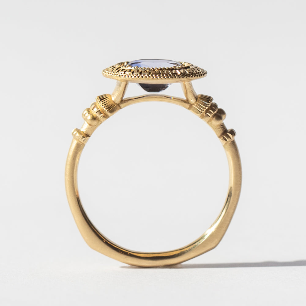 Engraved Bi-Color Oval Sapphire Pedestal Solitaire Ring