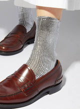 One Ribbed Laminated Silk Socks, Silver