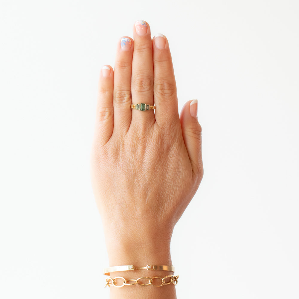 Green, Blue, Yellow Sapphire Five-Stone Steppe Ring