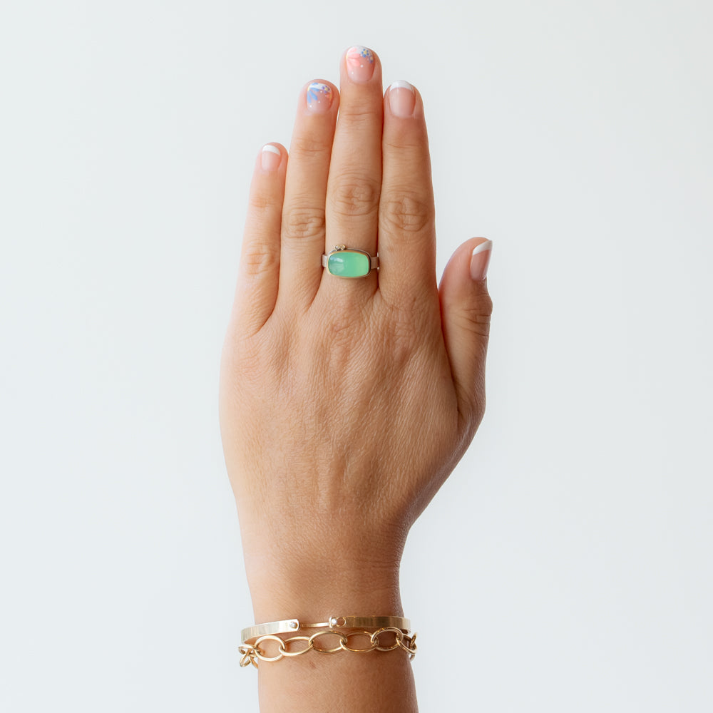 Rectangle Chrysoprase Cabochon Ring with Diamond Dots