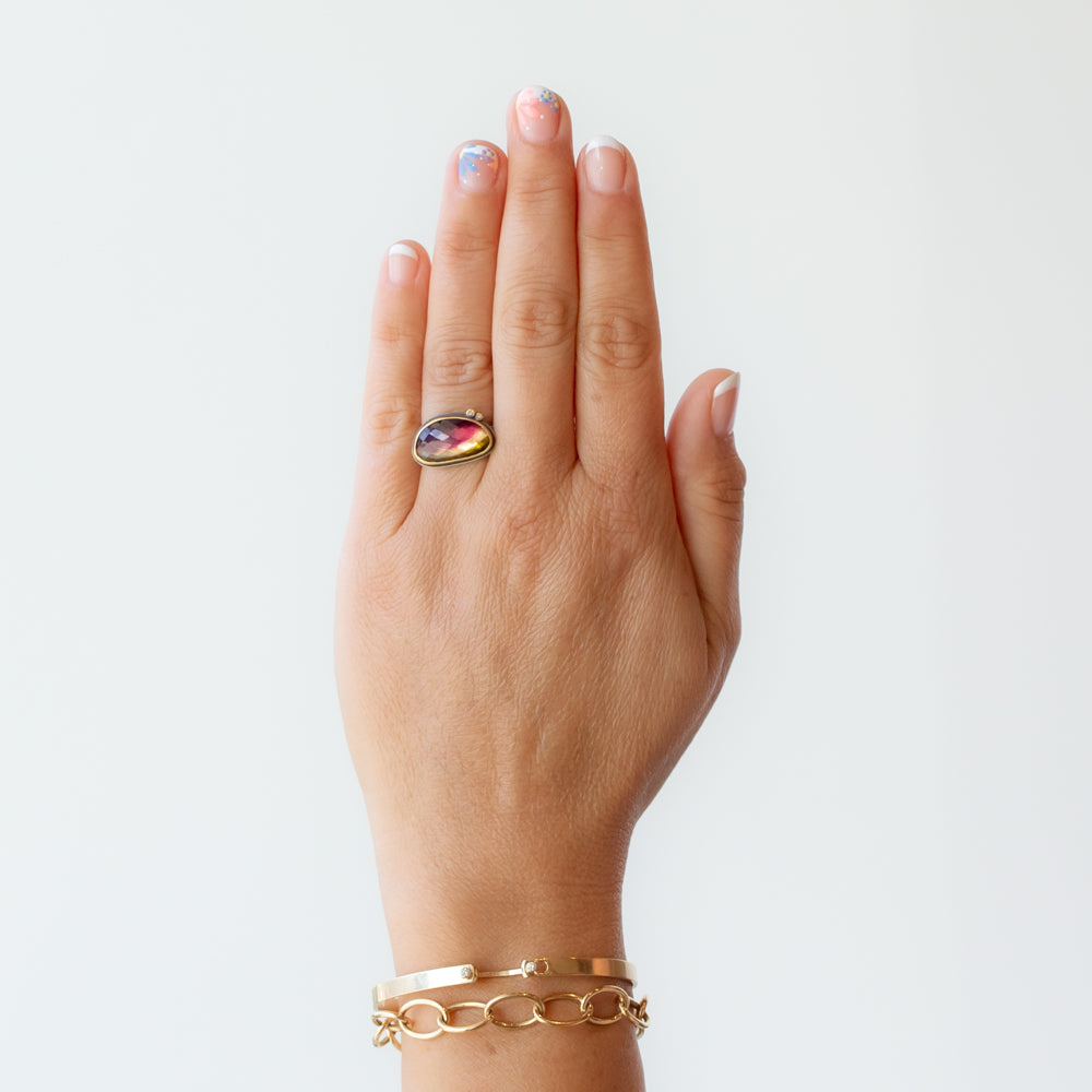 East-West Elongated Rose Cut Watermelon Tourmaline Ring