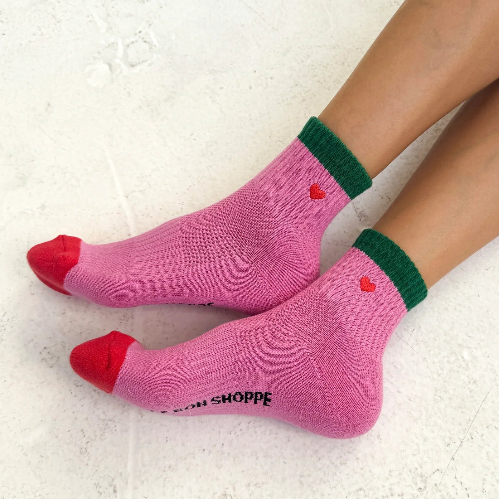 Embroidered Color Block Girlfriend Socks, Rose Green + Heart