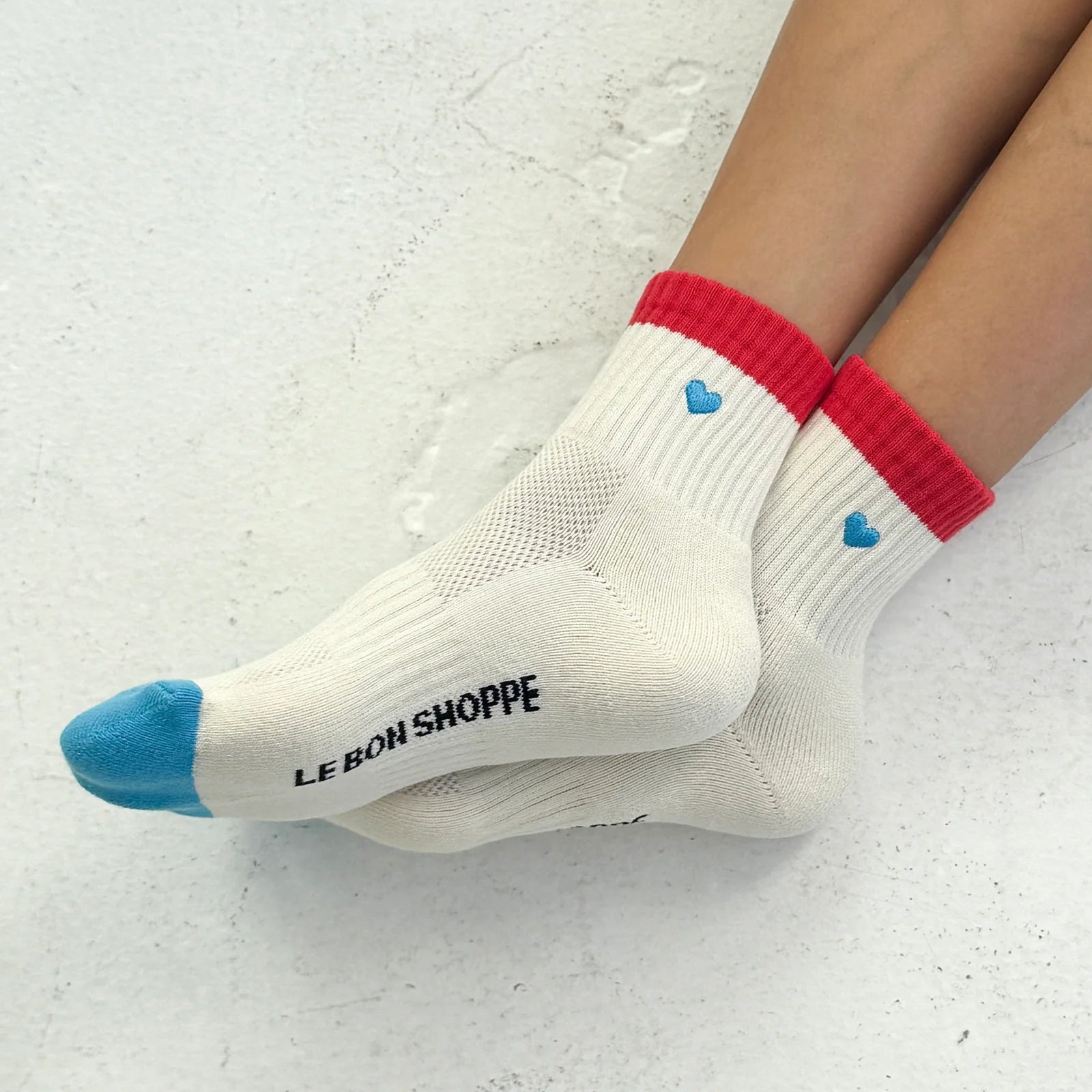 Embroidered Color Block Girlfriend Socks, Blue Red + Heart