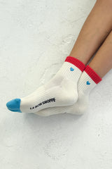 Embroidered Color Block Girlfriend Socks, Blue Red + Heart
