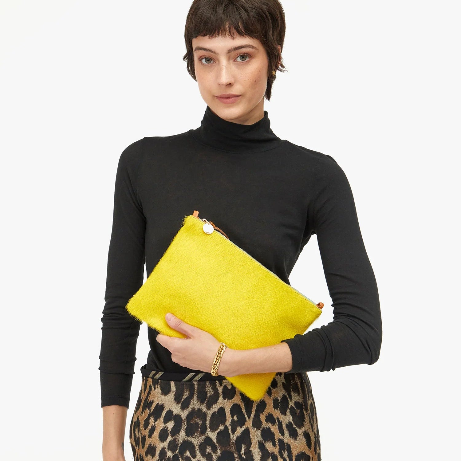Flat Clutch with Tabs, Hair-On Citron