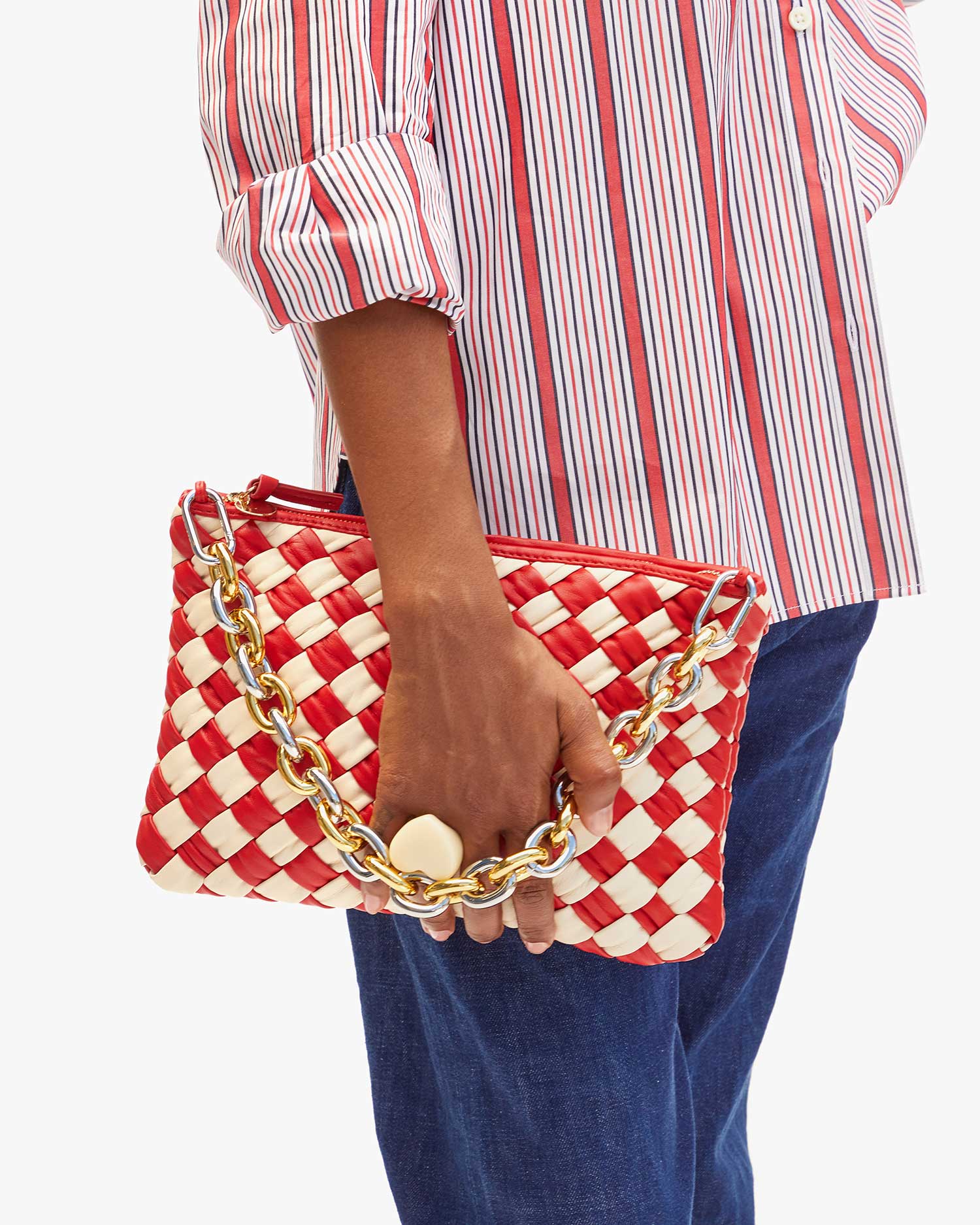 Flat Clutch with Tabs, Puffy Woven Checker, Rosa / Cream