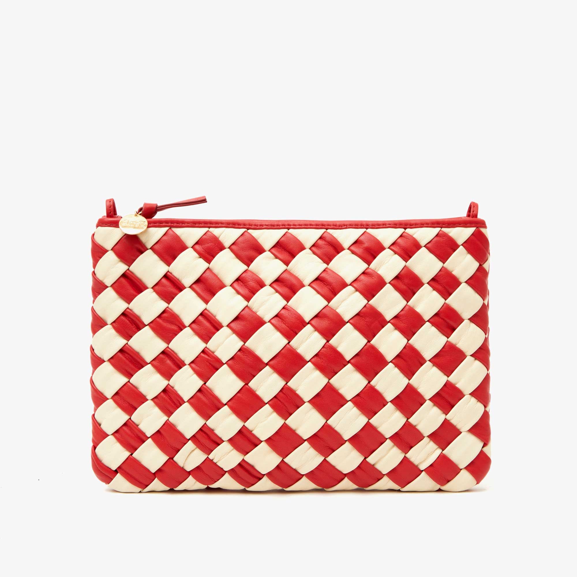 Flat Clutch with Tabs, Puffy Woven Checker, Rosa / Cream