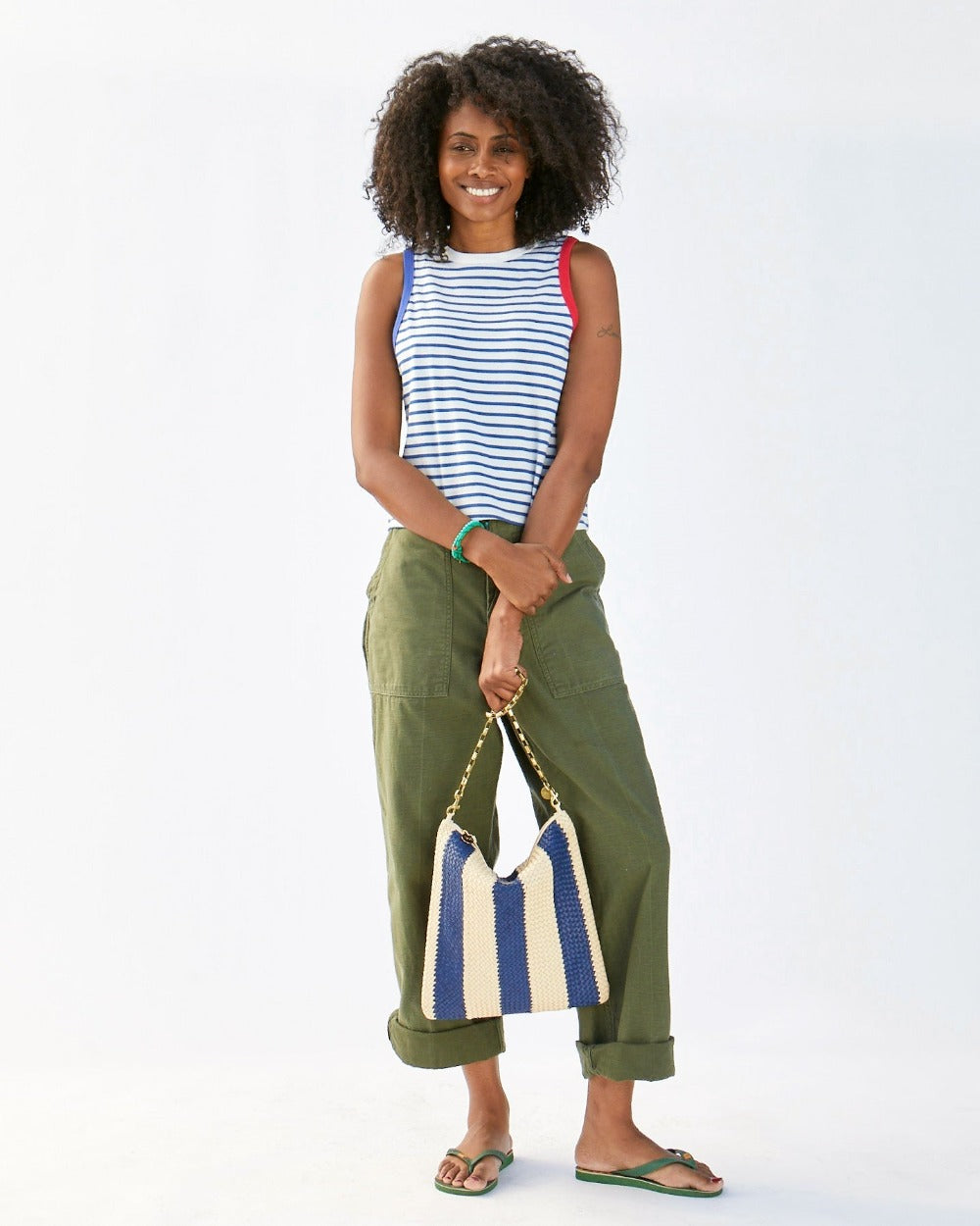 Foldover Clutch with Tabs, Indigo and Cream Woven Racing Stripes