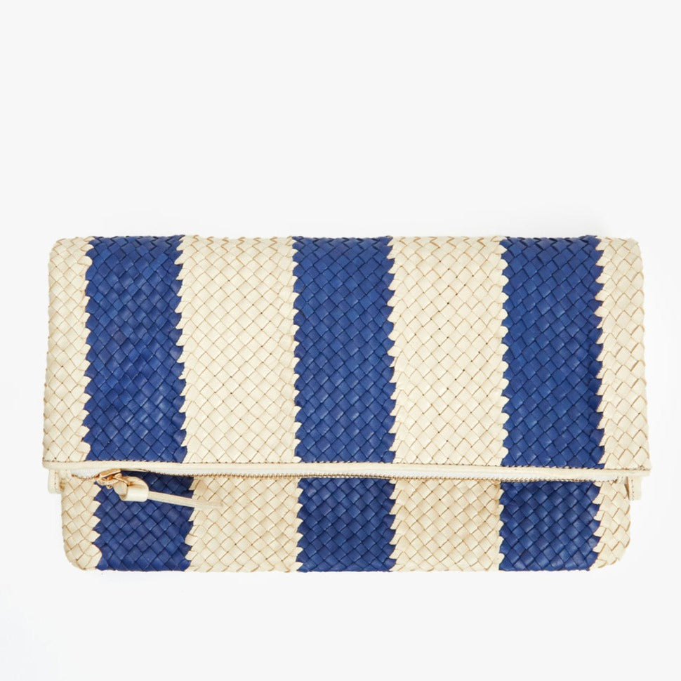 Foldover Clutch with Tabs, Indigo and Cream Woven Racing Stripes