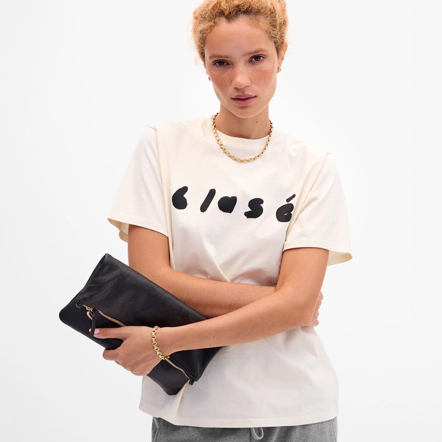 Foldover Clutch with Tabs, Black Petit Caviar