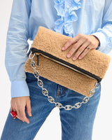 Foldover Clutch with Tabs, Cafe Au Lait, Shearling