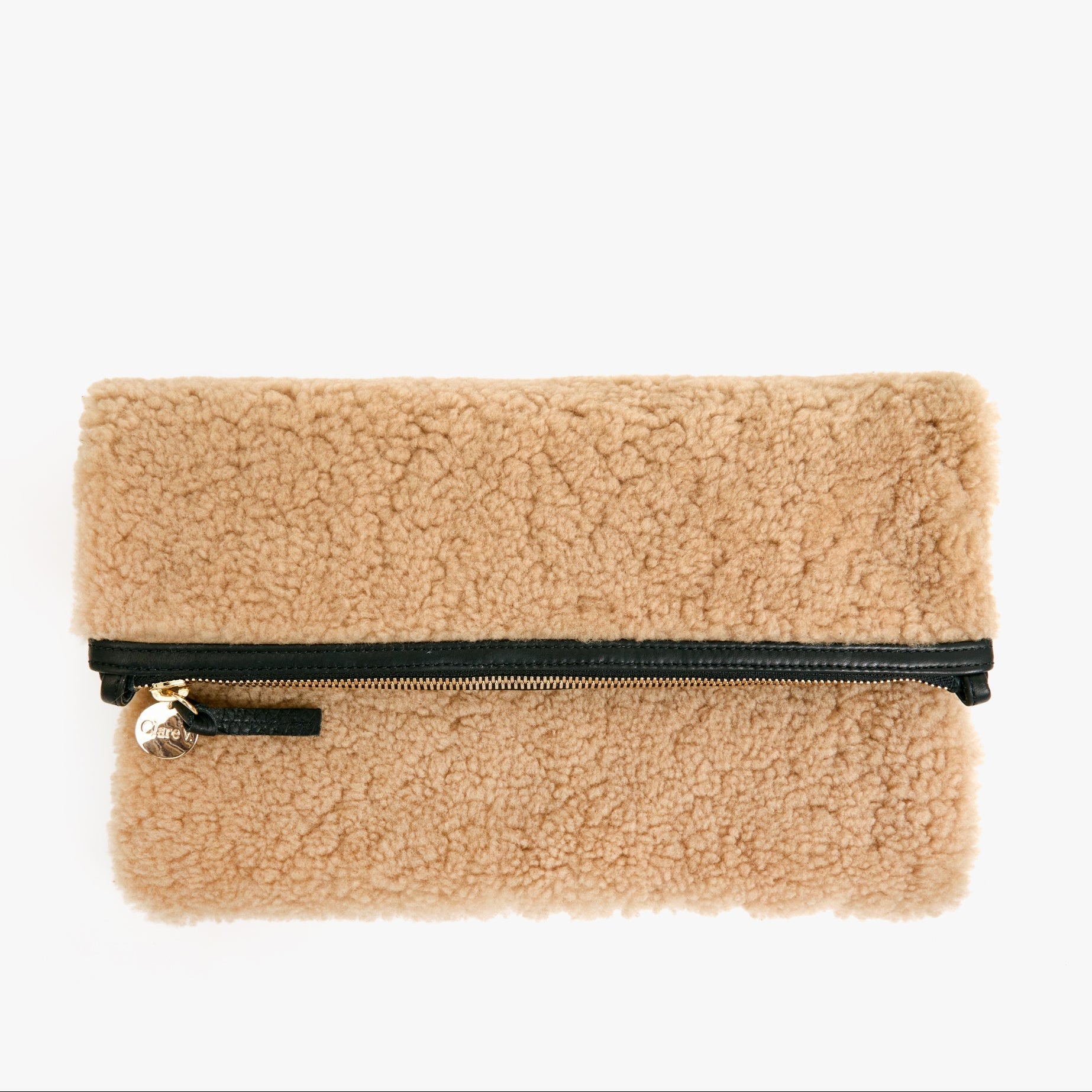 Foldover Clutch with Tabs, Cafe Au Lait, Shearling