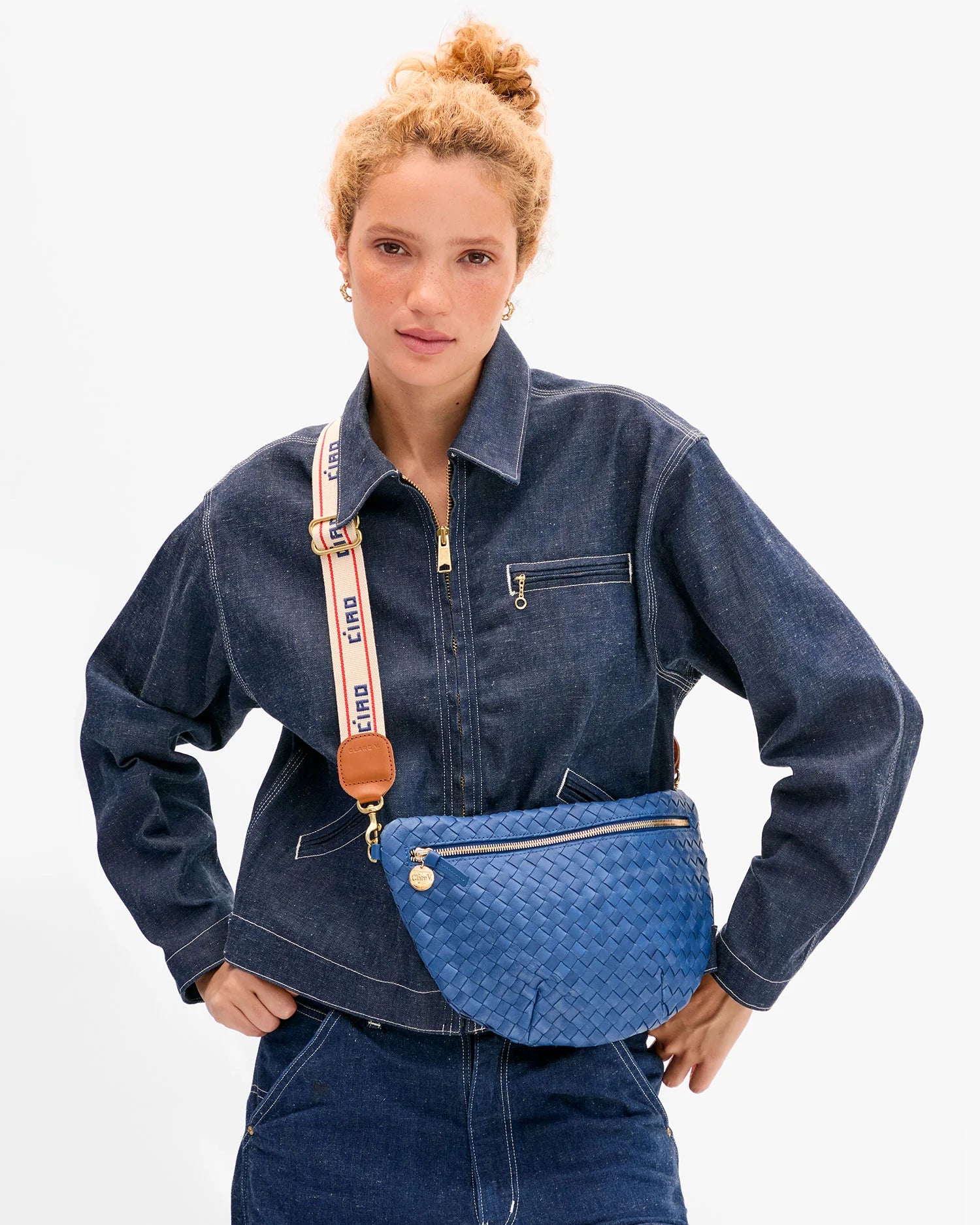Adjustable Crossbody Strap, Cream and Navy Ciao with Double Poppy Stripe