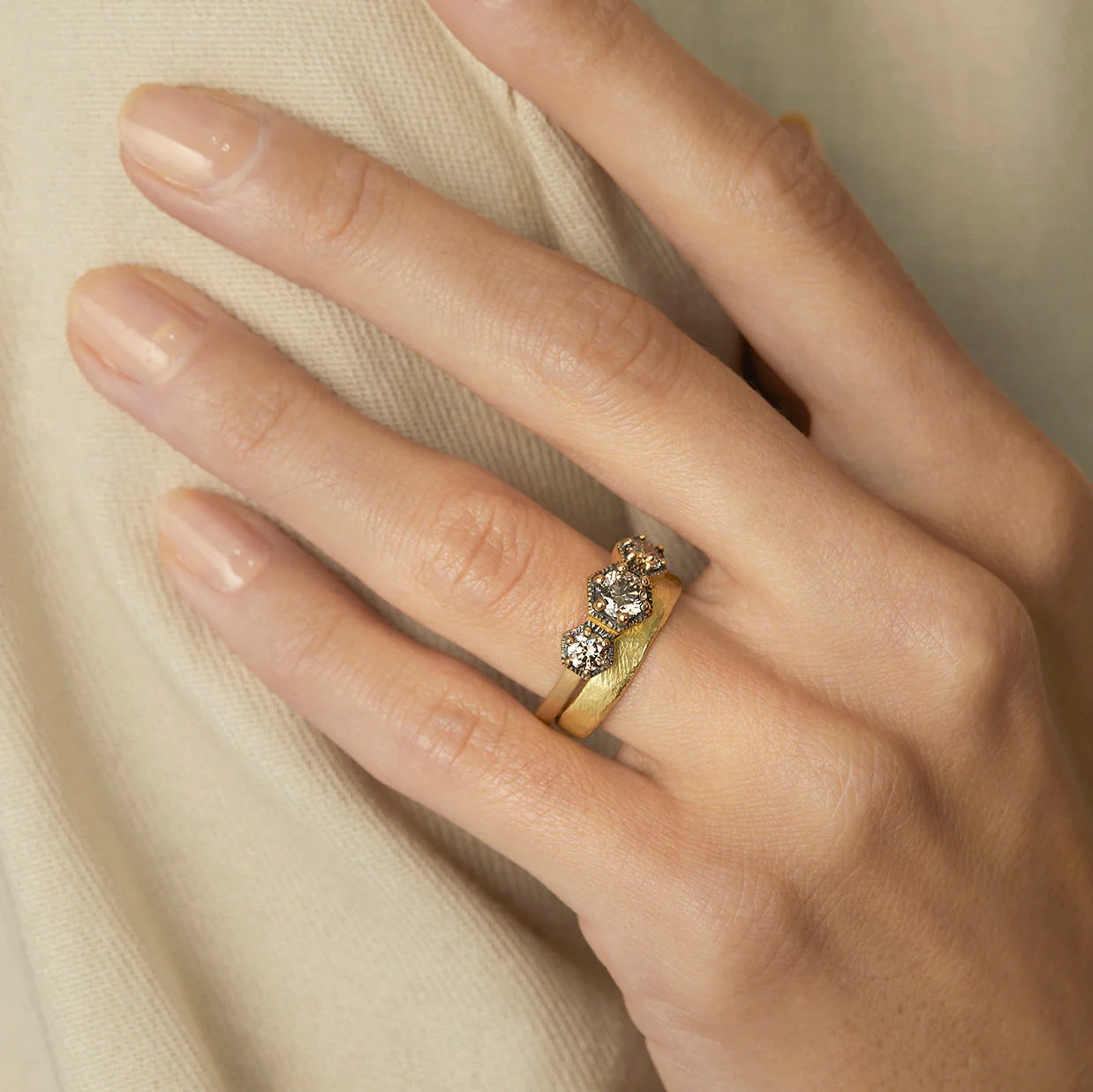 Queen Brown Diamond Three-Stone Hexagon Ring