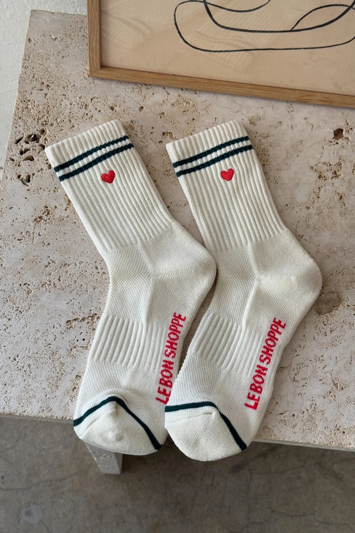 Embroidered Boyfriend Socks, Parchment + Heart