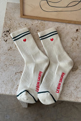 Embroidered Boyfriend Socks, Parchment + Heart