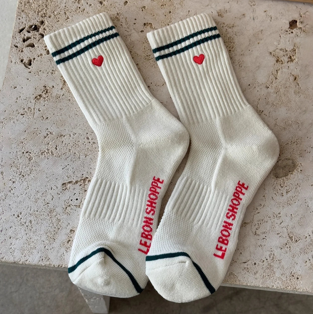 Embroidered Boyfriend Socks, Parchment + Heart