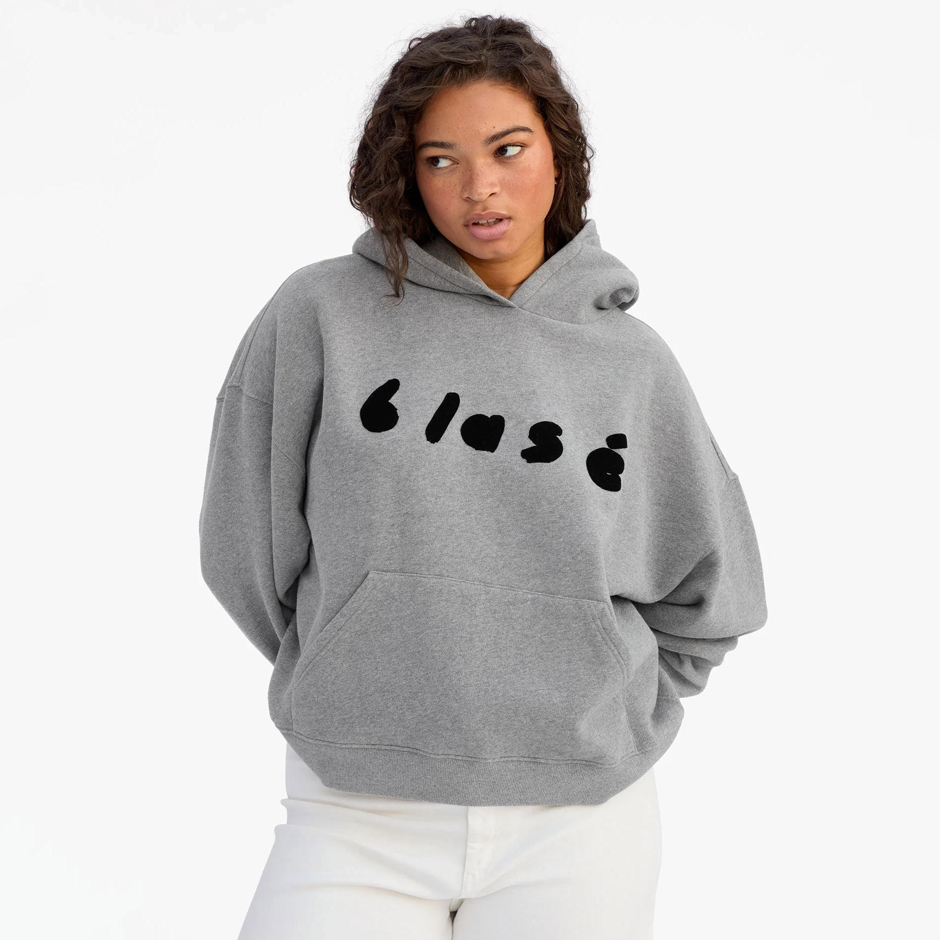Le Boxy Hoodie, Grey Melange Flocked Blasé