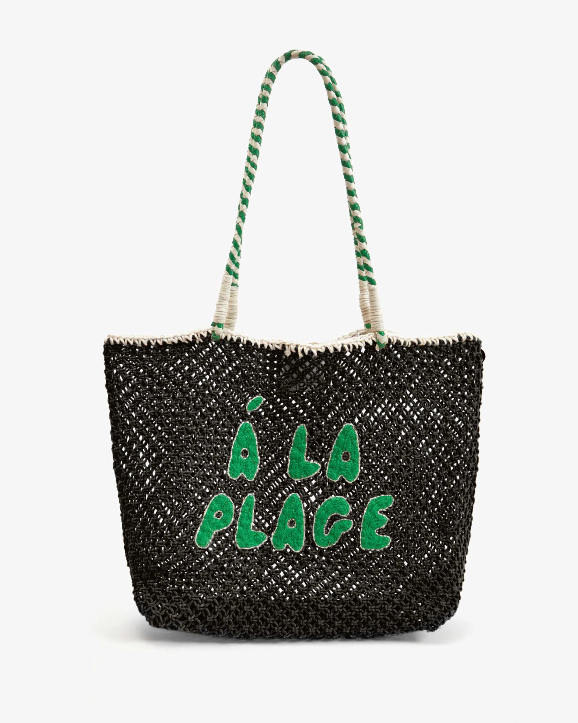 L'Été Tote, Black with Green Apple Á La Plage
