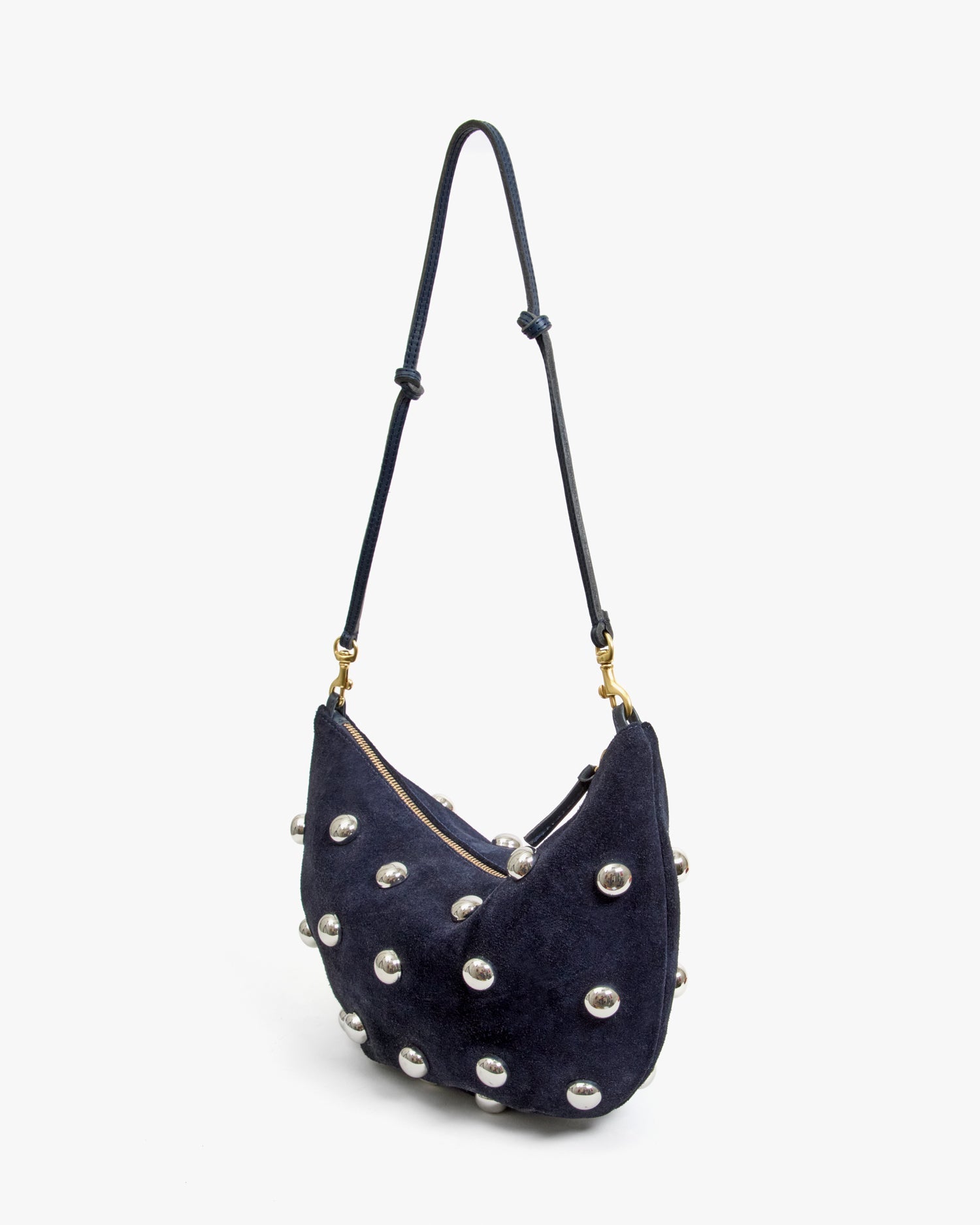 Lune Shoulder Bag, Navy Suede with Studs
