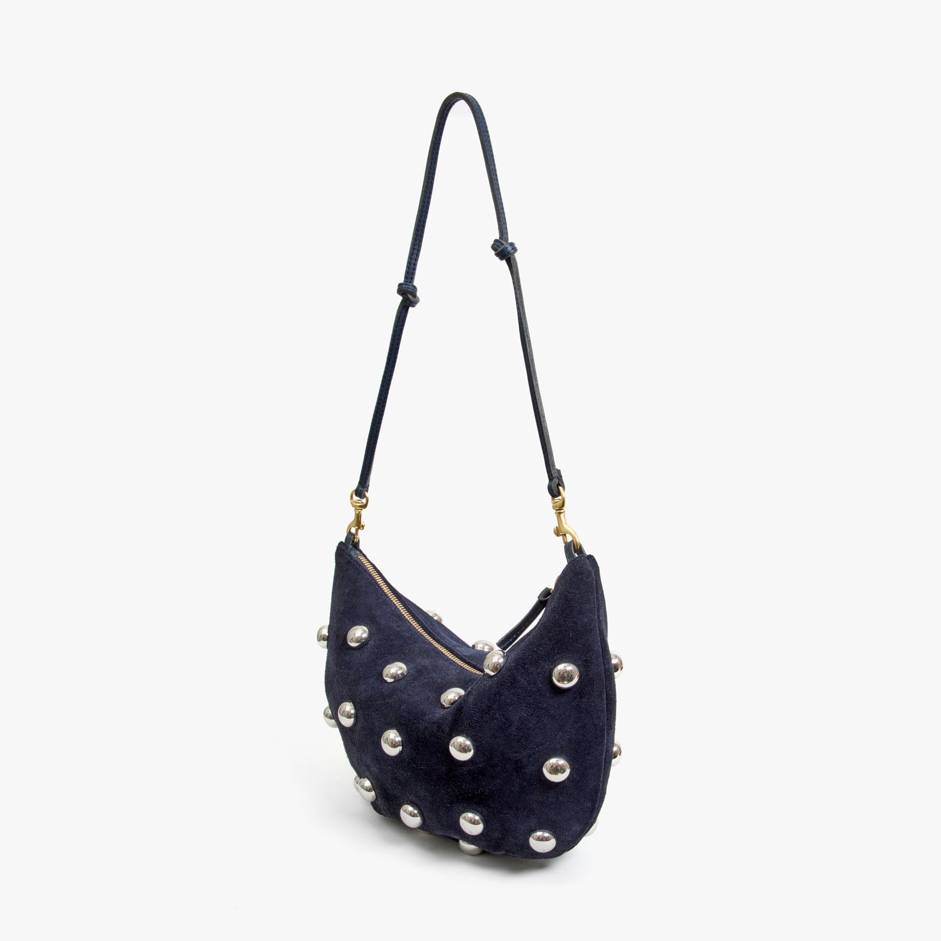 Lune Shoulder Bag, Navy Suede with Studs