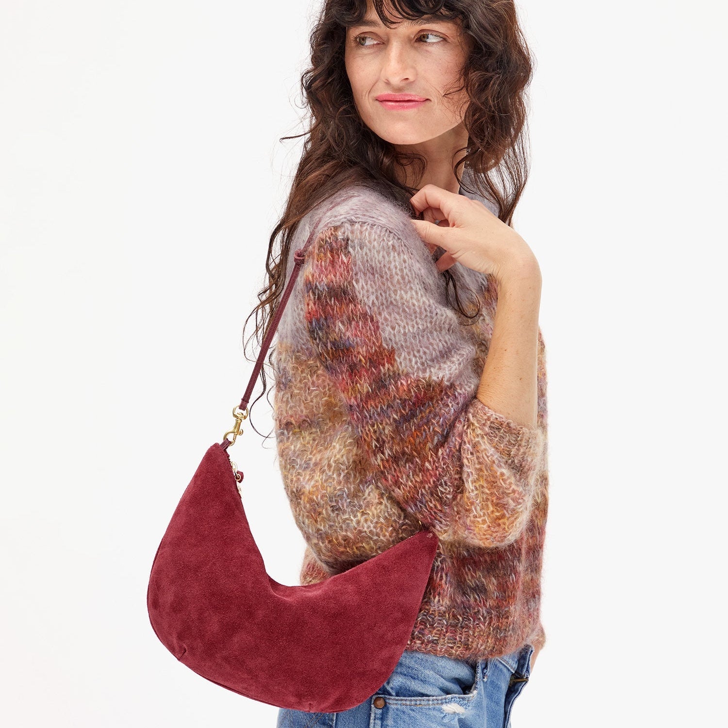 Lune Shoulder Bag, Nappa Suede Currant